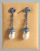 A GOOD PAIR OF SAPPHIRE, DIAMOND AND PEARL DROP EARRINGS.