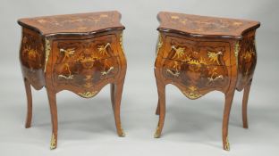 A PAIR OF FRENCH STYLE MARQUETRY INLAID TWO DRAWER PETIT COMMODES. 2ft 1ins wide x 1ft 3ins deep x