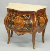 A FRENCH STYLE MARQUETRY INLAID AND MARBLE TOP THREE DRAWER BOMBE COMMODE. 2ft 8ins wide x 1ft