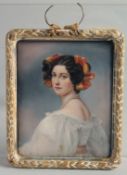 A VERY GOOD CONTINENTAL PORCELAIN PORTRAIT PLAQUE. Half-length of a young lady. 6ins x 9ins in a