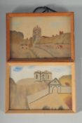 A SET OF THREE ISLE OF WIGHT SAND PICTURES. Church, Carisbrooke and cottages. 4.5ins x 6.5ins.