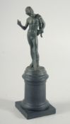 AN EARLY STANDING BRONZE OF NARCISSUS. 5.5ins high on a wooden plinth.