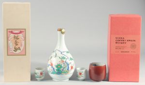 NICKA COFFEE GRAIN JAPANESE WHISKY. 1 BOTTLE, BOXED. SAKE, 2 BOTTLES, one boxed the other in a