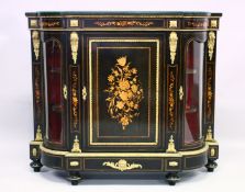 A GOOD 19TH CENTURY FRENCH EBONY AND MAHOGANY CREDENZA, marquetry panel to the front, glass bowed