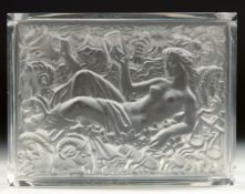 A GOOD RECTANGULAR GLASS BOX AND COVER, the cover with a reclining nude and zodiac motifs