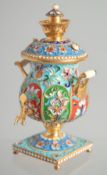 A GOOD SMALL RUSSIAN SILVER AND ENAMEL SAMOVAR. 4ins.