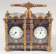 A SMALL DOUBLE CLOISONNE ENAMEL CLOCK AND BAROMETER. 4.5ins high.