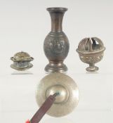 A BRASS BULL, A BRONZE VASE, two brass pieces and cymbal (5).