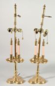 A PAIR OF BRASS COLOUR LEAF SHAPED LANTERNS. 31ins high.