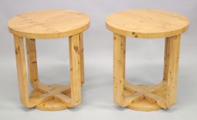 A PAIR OF ART DECO STYLE CIRCULAR TABLES on curving legs. 1ft 1.5ins diameter.