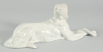 A POLISH PORCELAIN BORZOI DOG. 12ins long.
