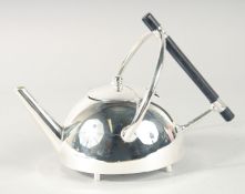 A CHRISTOPHER DRESSER DESIGN SILVER PLATED CIRCULAR TEA POT.