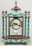 A CLOISONNE ENAMEL AND GILT METAL PILLAR CLOCK with urn finial. 18ins high.
