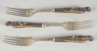 THREE EGYPTIAN INLAID FORKS 8.75ins long.