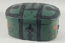A SWEDISH IRON BOUND FOLK ART BOX with metal heart. 18ins long.