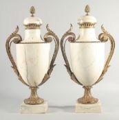A VERY GOOD PAIR OF 19TH CENTURY LOUIS XVI MARBLE AND ORMOLU CASSOULETS with pineapple finials.