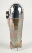A ZEPPELIN SHAPED SILVER PLATED COCKTAIL SHAKER.