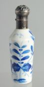 A BLUE AND WHITE PORCELAIN SCENT BOTTLE with silver top 3ins long.