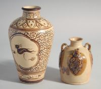 A CHASHA KILN POTTERY VASE with two panels of birds, 7.5ins high and a small three handled vase, 4.