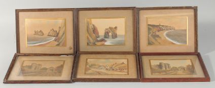 A SET OF SIX ISLE OF WIGHT SAND PICTURES. Thatched cottages, Carisbrooke, Alum Bay, etc. 4.5ins x