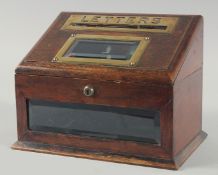 AN ORIGINAL EDWARDIAN MAHOGANY AND BRASS LETTER BOX by E. S. VICKERY, LONDON. 10ins long.