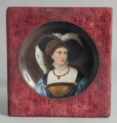 A CONTINENTAL PORCELAIN CIRCULAR PORTRAIT PLATE of a lady, in a velvet frame. 6.25ins diameter.