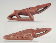 TWO TERRACOTTA ALLIGATOR BATH RASPS. 7ins long.