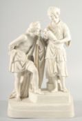 A LARGE PARIAN CLASSICAL GROUP, TWO FIGURES, a woman holding a pitcher. 14ins high.