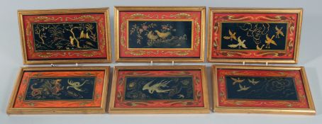 A SET OF SIX CHINESE LACQUER PLAQUES, framed, birds and animals# 4.5ins x 7.5ins.