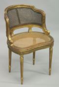 A 19TH CENTURY GILDED CARVED BEECH ARMCHAIR with cane work back and set on turned, tapering fluted