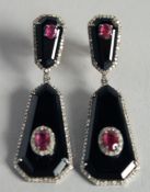A PAIR OF ART DECO STYLE CRYSTAL RUBY AND DIAMOND EARRINGS.
