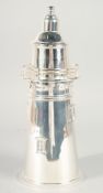 A SILVER PLATED LIGHTHOUSE TAPERING COCKTAIL SHAKER.