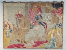 A GOOD 19TH CENTURY BRUSSELS NEEDLEWORK OF COUNTIES, FIGURES AND MAN ON A HORSE. 30ins x40ins.