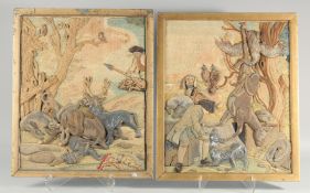 A RARE PAIR OF STUMPWORK AND NEEDLEWORK PICTURES OF HUNTING SCENES showing the kill and game. Framed