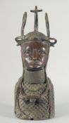 A VERY GOOD EARLY BENIN BRONZE HEAD with cross stitch and other decoration. 19ins high.