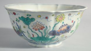 A CHINESE WUCAI PETAL SHAPED PORCELAIN BOWL decorated with fish and algae. 8.5ins diameter.