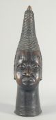 A VERY GOOD EARLY BENIN BRONZE HEAD with cross stitch and painted head 21ins high.