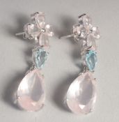 A PAIR OF SILVER, ROSE QUARTZ AND BLUE TOPAZ EARRINGS.