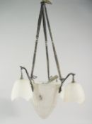 A SILVER ART DECO CHANDELIER AND SHADE.