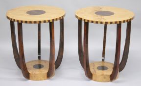 A PAIR OF ART DECO STYLE CIRCULAR TABLES with inlaid decoration. 1ft 1in diameter.