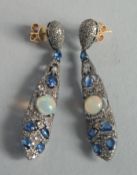 A PAIR OF OPAL, SAPPHIRE AND DIAMOND DROP EARRINGS,