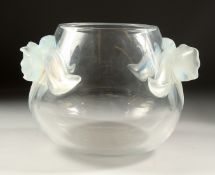 A LALIQUE PLAIN GLASS CIRCULAR BOWL the side with two iridescent flowers. Signed: Lalique, France.