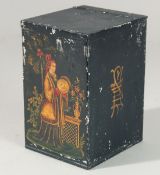 A SMALL CHINESE DESIGN SQUARE TOLEWARE TEA CADDY. 6ins high.