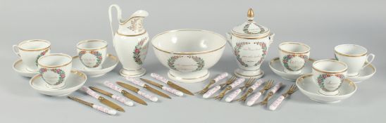 A FRENCH PORCELAIN PART TEA SET comprising: six cups and saucers, slop bowl, sugar bowl and cover,