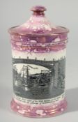 A SUNDERLAND PORCELAIN PINK LUSTRE CIRCULAR JAR AND COVER 