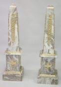 AN IMPRESSIVE PAIR OF MARBLE OBELISKS with ormolu mounts. 3ft 8ins high.