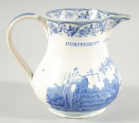 THE INDEPENDENT ORDER OF ODD FELLOWS BLUE AND WHITE PORCELAIN JUG. 5.5ins high.