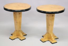 A PAIR OF ART DECO STYLE CIRCULAR TABLES on column supports. 1ft 1.5ins diameter.