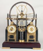 A LARGE INDUSTRIAL MARBLE AND METAL CLOCK with clock and barometer formed as a long wheel and