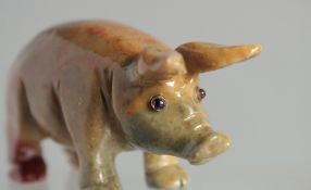 A RUSSIAN HARDSTONE PIG with ruby eyes. 2.75ins long in a box.